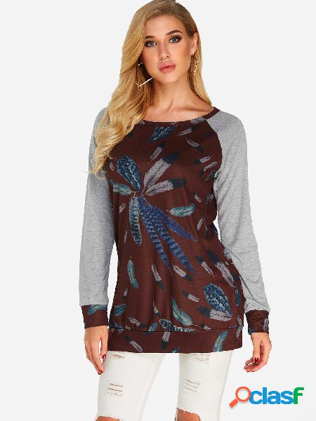 Burgundy Random Floral Print Round Neck Long Sleeves