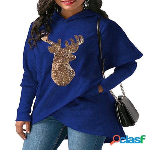 Dark Blue Fawn Pattern Irregular Hem Hoodie