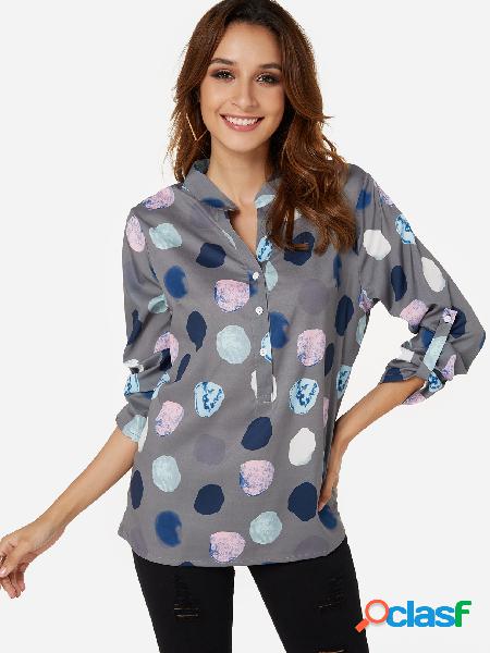 Dark Grey Polka Dot V-neck 3/4 Length Sleeves Shirt