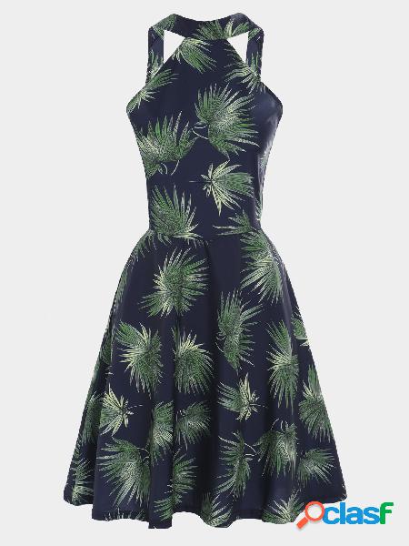 Green Backless Random Floral Print Halter Sleeveless Mini