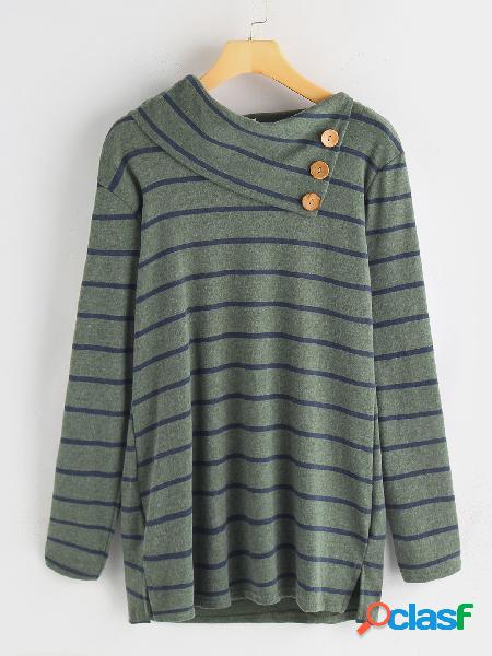 Green Button Design Stripe Drape Sagging Long Sleeves