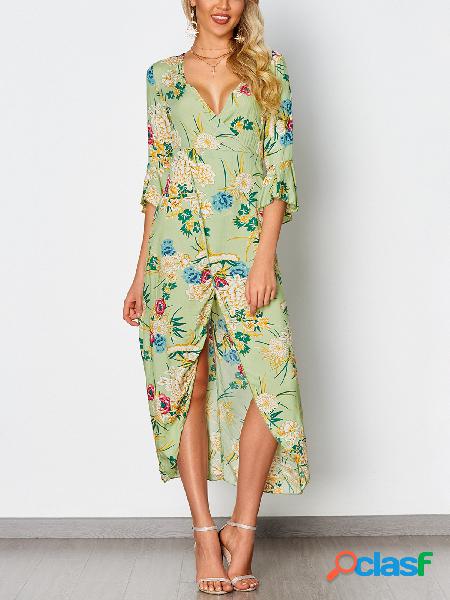 Green Random Floral Print V-neck Maxi Dress With Half Flared