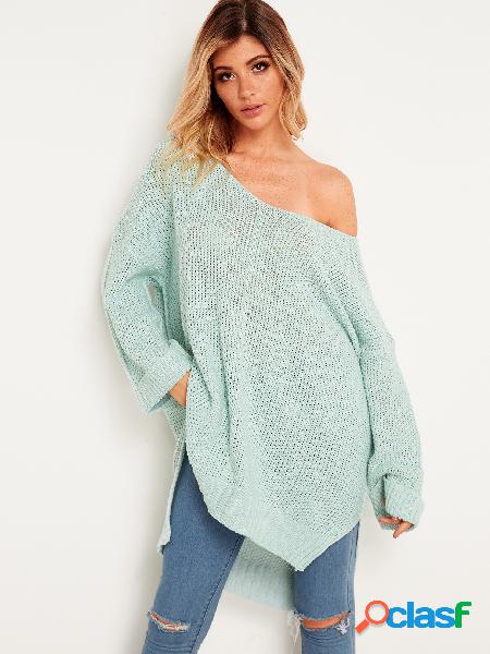 Green Slit Design One Shoulder Long Sleeves Loose Sweater