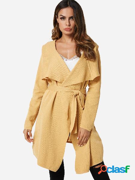 Khaki Belt Design Lapel Collar Long Sleeves Long Trench Coat