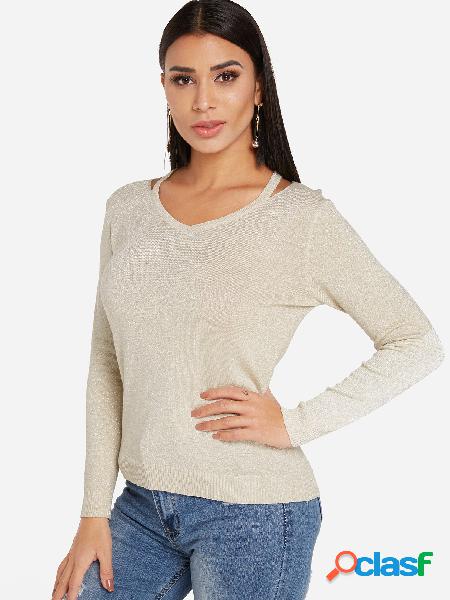 Khaki Shoulder Straps Design V-neck Long Sleeves Top