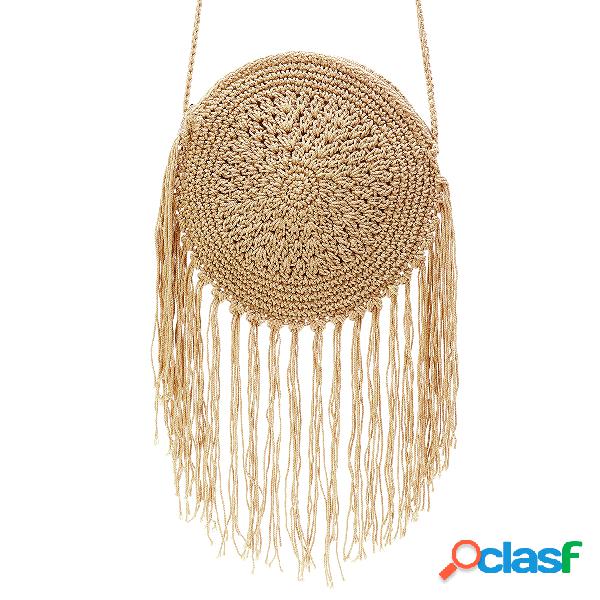 Khaki Tassel Detail Straw Crossbody Bags