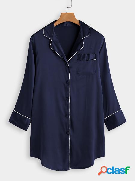 Navy Classic Collar Button & Pocket Design Long Sleeves