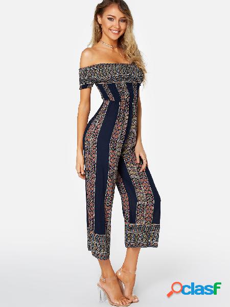 Navy Random Floral Print Off Shoulder Jumpsuits
