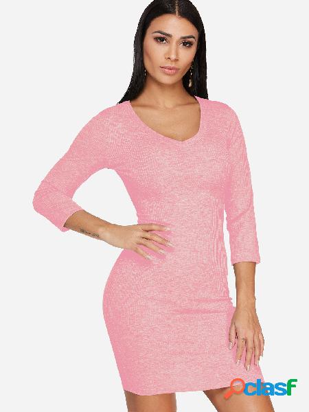 Pink Plain V-neck 3/4 Length Sleeves Bodycon Hem Dress
