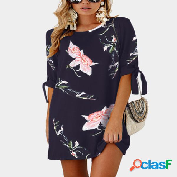Pink Random Floral Print Self-tie at Sleeves Mini Dress