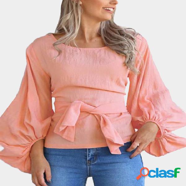 Pink Tie-up Front Lantern Sleeve Top