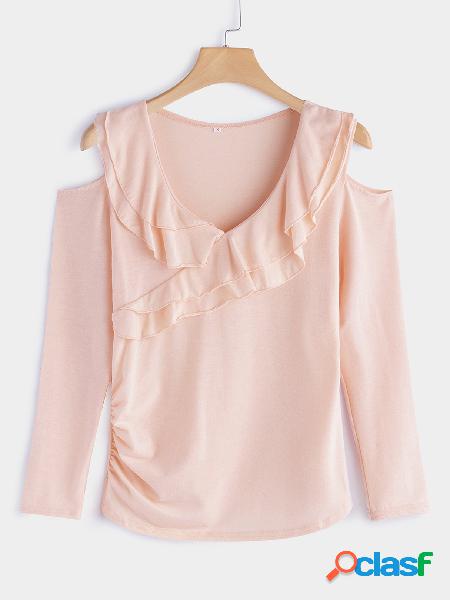 Pink Tiered Flounced Details Crossed Front Cold Shoulder