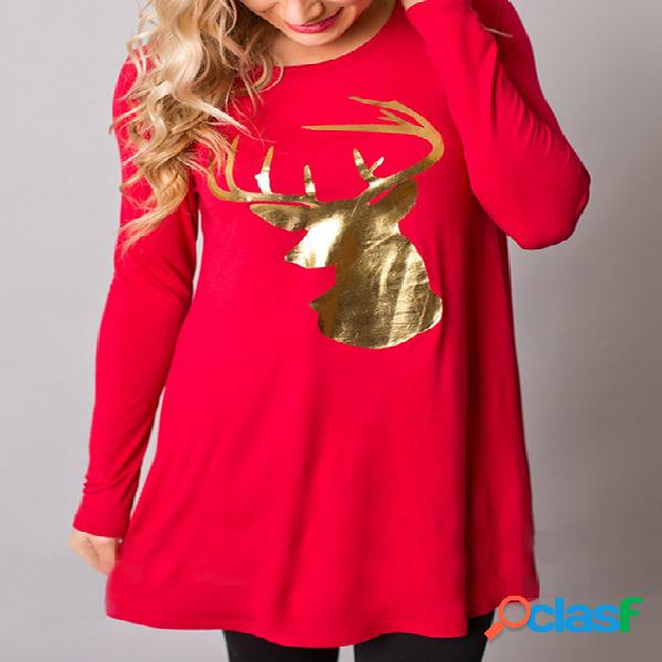 Red Elk Print Round Neck Long Sleeves A-line Mini Dress