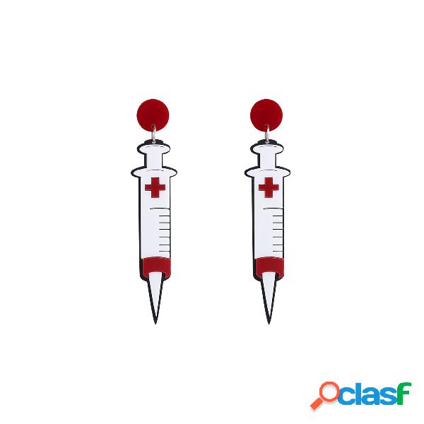 Red Halloween Cross Syringe Drop Earrings