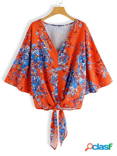 Red Self-tie Design Random Floral Print Deep V Neck Bell
