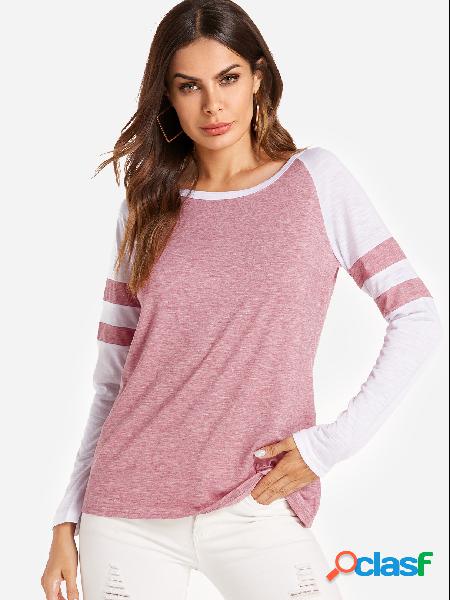 Red Stripe Pattern Stitching Long Sleeves T-shirt