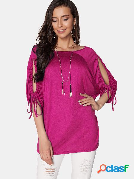 Rose Side Cut Out Round Neck Half Sleeves T-shirt