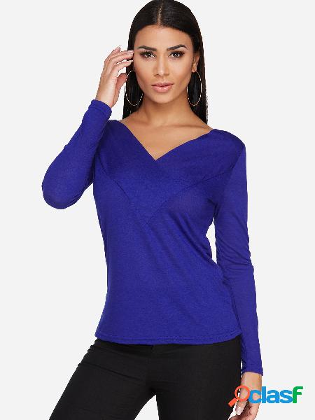 Royal Blue Pleated Design Plain V-neck Long Sleeves T-shirts