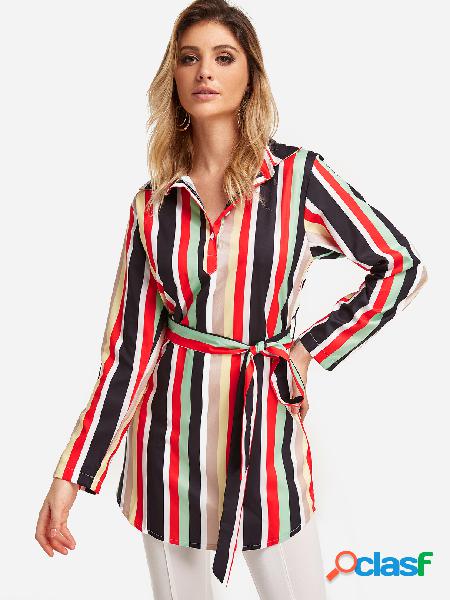 Stripe Belt Design Classic Collar Long Sleeves Tee