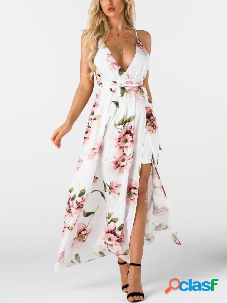 White Backless Design Random Floral Print V-neck Slit Hem