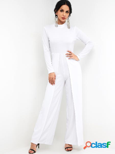White Casual Mock Neck High-waist Overlay Wide Leg Jumpsuit
