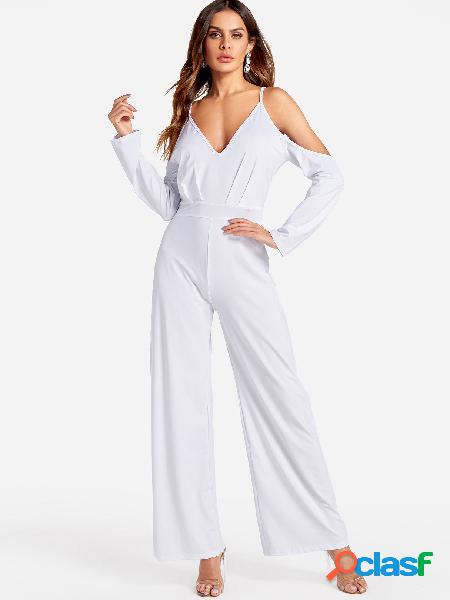 White Deep V-neck Cold Shoulder Flared Sleeves High Waist