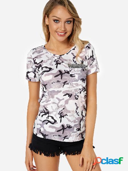 White Floral Print Round Neck Short Sleeves T-shirts