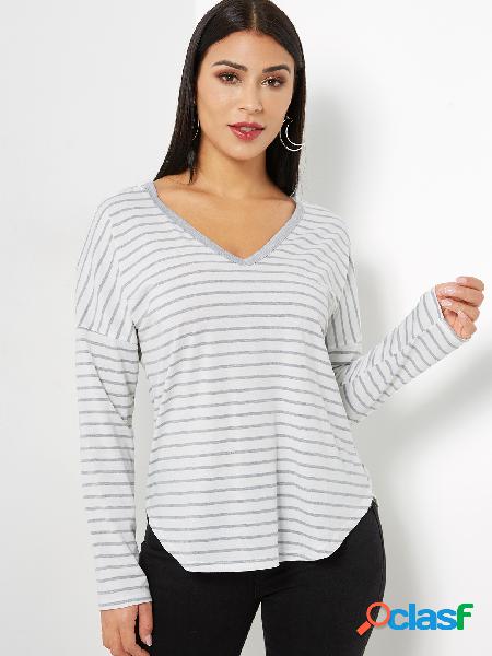 White Hooded Design Stripe V-neck Long Sleeves T-shirts