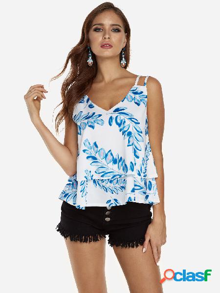 White Random Floral Print V-neck Camis