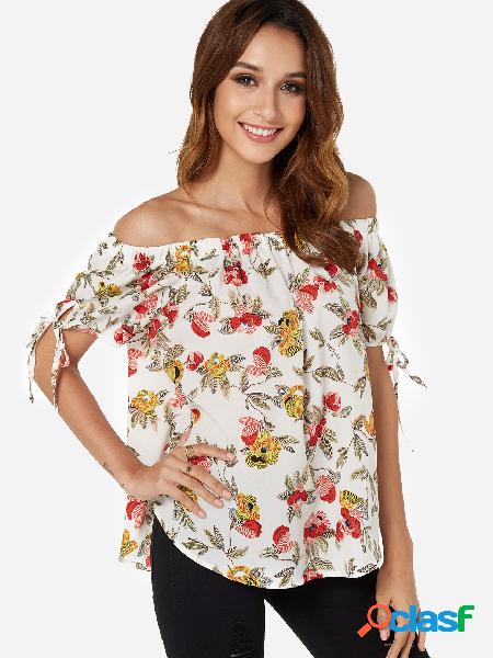 White Self-tie Design Random Floral Print Off Shoulder