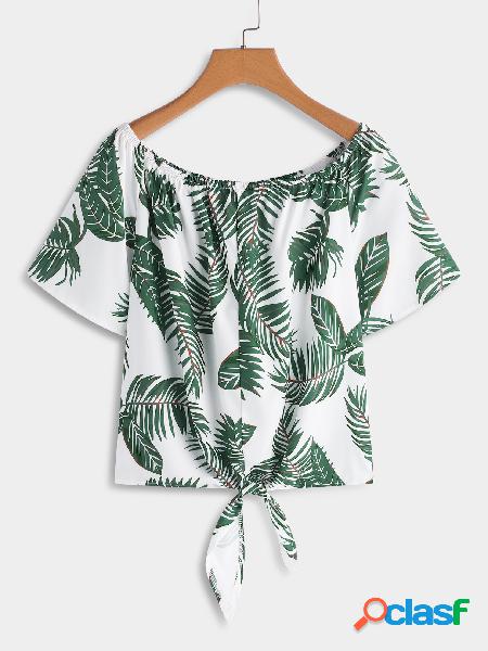 White Self-tie Design Random Floral Print Off Shoulder 3/4