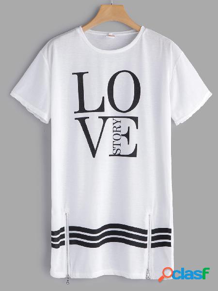 White Zip Design Letter Round Neck Short Sleeves Mini Dress