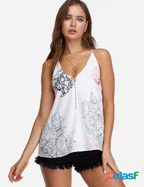 White Zipper Design Random Floral Print V-neck Cami