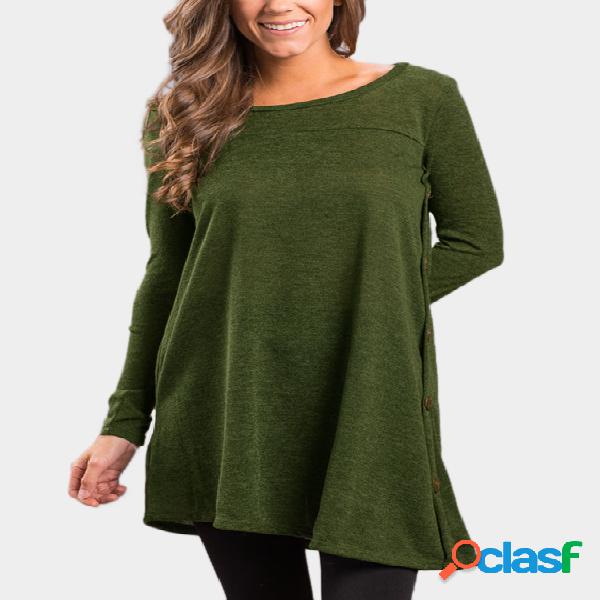 Army Green Long Sleeves Irregular Hem Side Buttom Tee