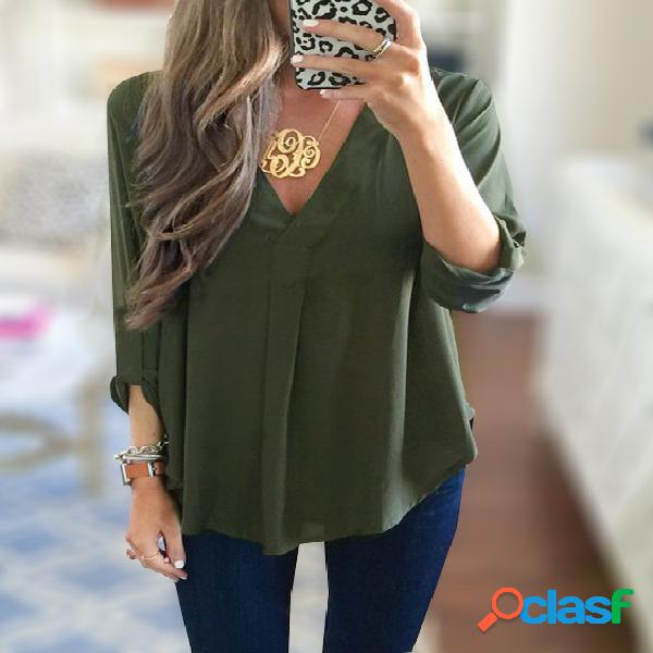 Army Green V-neck 3/4 Length Sleeves Curved Hem Shirt