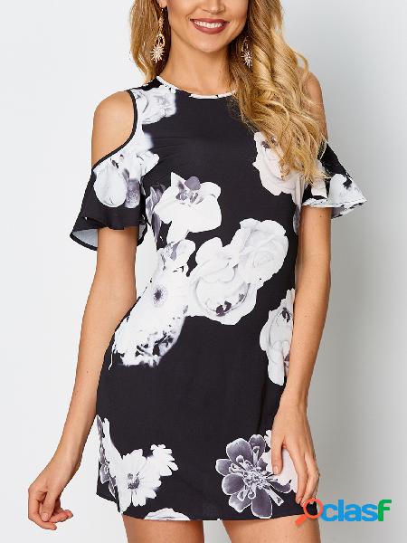 Black Floral Print Cold Shoulder Short Sleeves Dress