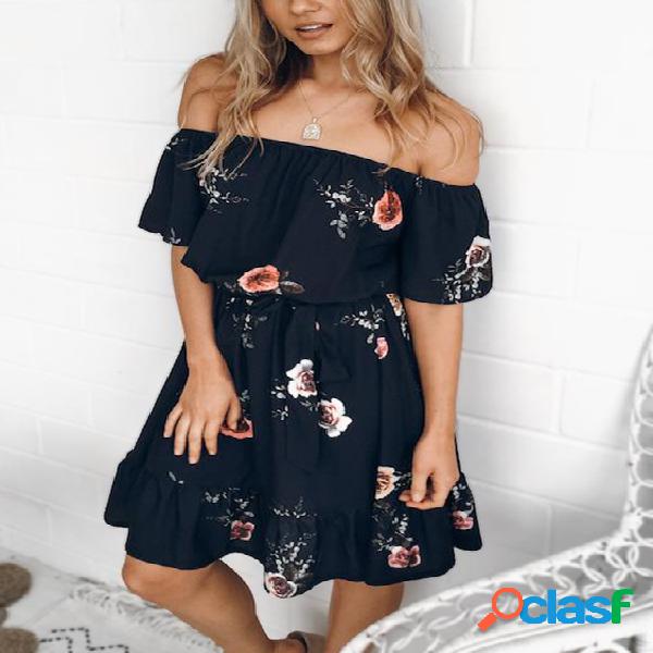 Black Floral Print Off Shoulder Short Sleeves Mini Dress