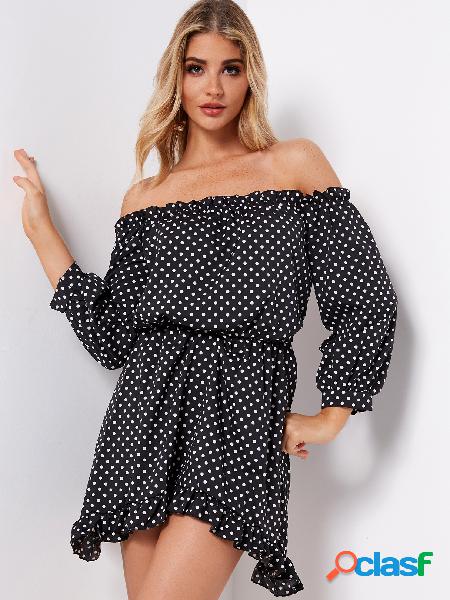 Black Polka Dot Off The Shoulder Flared Sleeves Dress