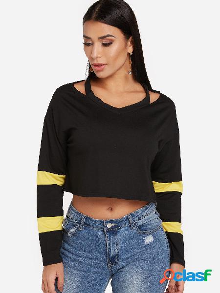 Black Pullover Long Sleeves Loose Crop Sweatshirt