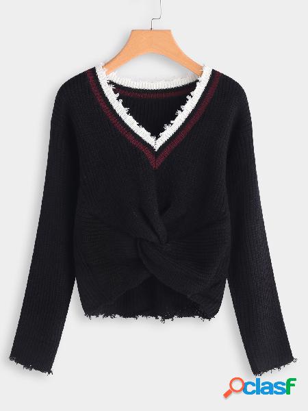 Black V Neck Knotted Fashion Sweater