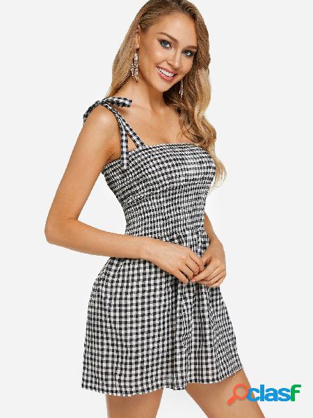 Black and White Grid Pattern Straight Neck Sleeveless