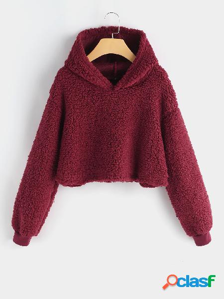 Burgundy Hooded Design Plain Long Sleeves Woolen Hoodie