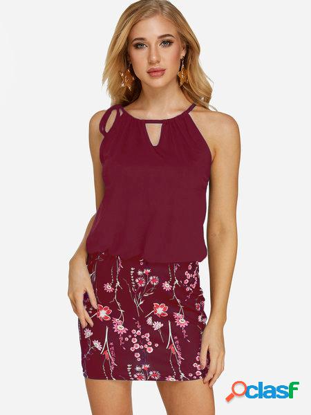 Burgundy Self-tie Random Floral Print Mini Length Dress