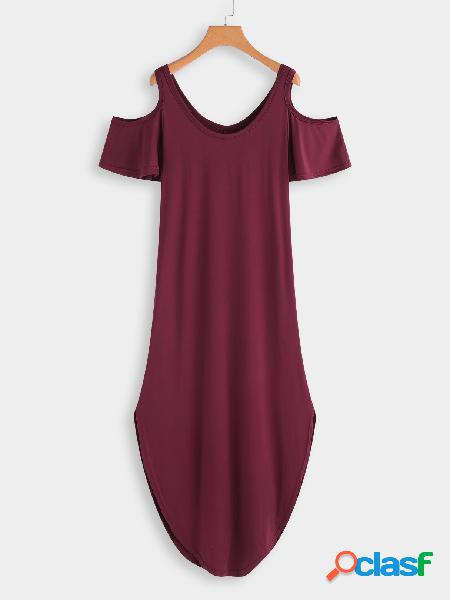 Burgundy Slit Design Plain Cold Shoulder Short Sleeves Maxi