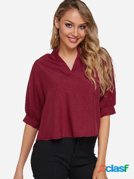 Burgundy V-neck Blouses With Irregular Hem