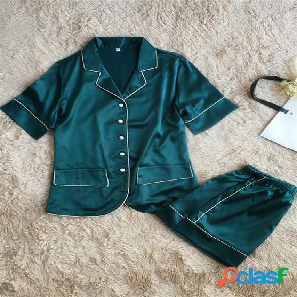 Dark Green Short Sleeves Pajamas Suit