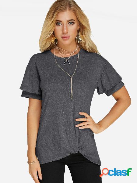 Dark Grey Crossed Front Flouncy Emebllished Sleeves T-shirt