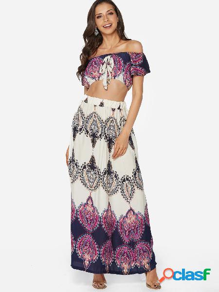 Floral Print Off-shoulder Short Sleeves Elastic Strap