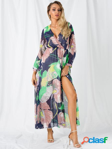 Floral Print V-neck Slit Hem Maxi Dress