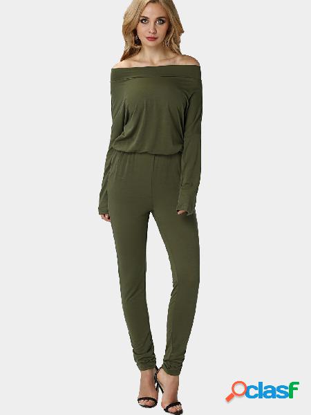 Green Off Shouder Elastic Waist Thin Jumpsuits